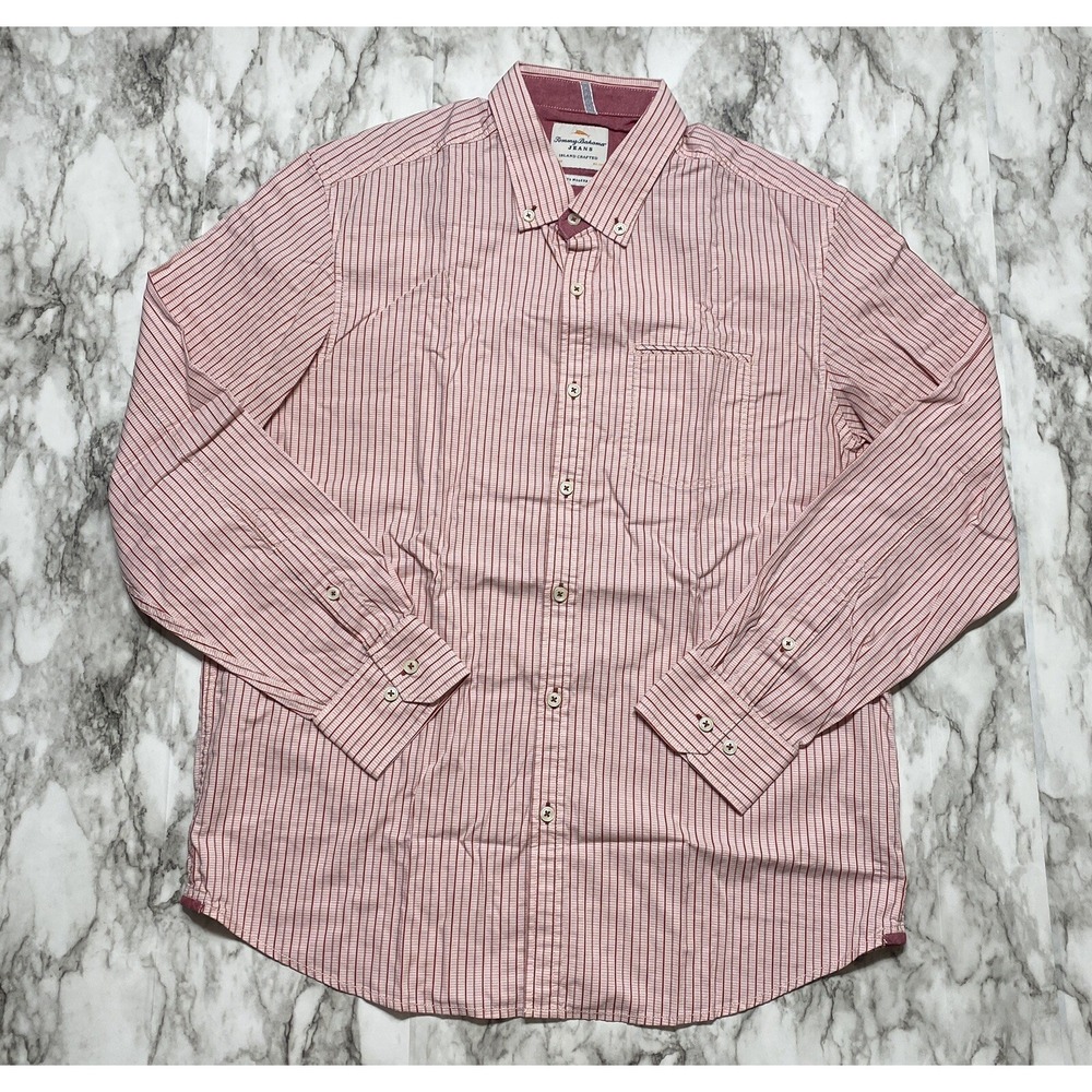 Tommy Bahama Jeans Mens Shirt L  Island Crafted Red Pink Striped Long Sleeve EUC